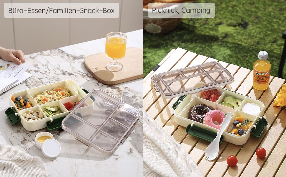 Compartmentalized lunch boxes with multiple sections shown in two settings - indoor office and outdoor camping. Features clear lids and green trim.