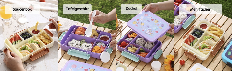 Multiple bento-style lunch boxes displayed in a row, showing various compartments filled with organized food portions and snacks.