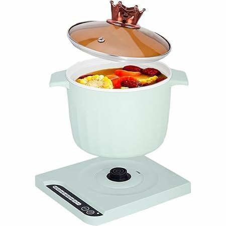 Electric Hot Pot, 1.5L Non-Stick Ceramic Coating Ramen Cooker,Portable Mini Travel Cooker with 3-6H time delay function,6H Keep Warm,Multifunctional Electric Pot for rice/porridge/soup/steam,Green