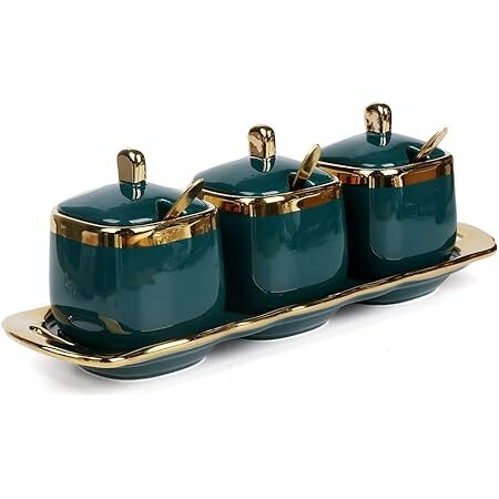 Fvstar Ceramic Condiment Pots, Gold Kitchen Spice Boxes, Porcelain Salt Containers Set of 3, Coffee Sugar Bowls with Lid,Spoon and Tray, Pepper Seasoning Storage Jars for Countertop and Bar