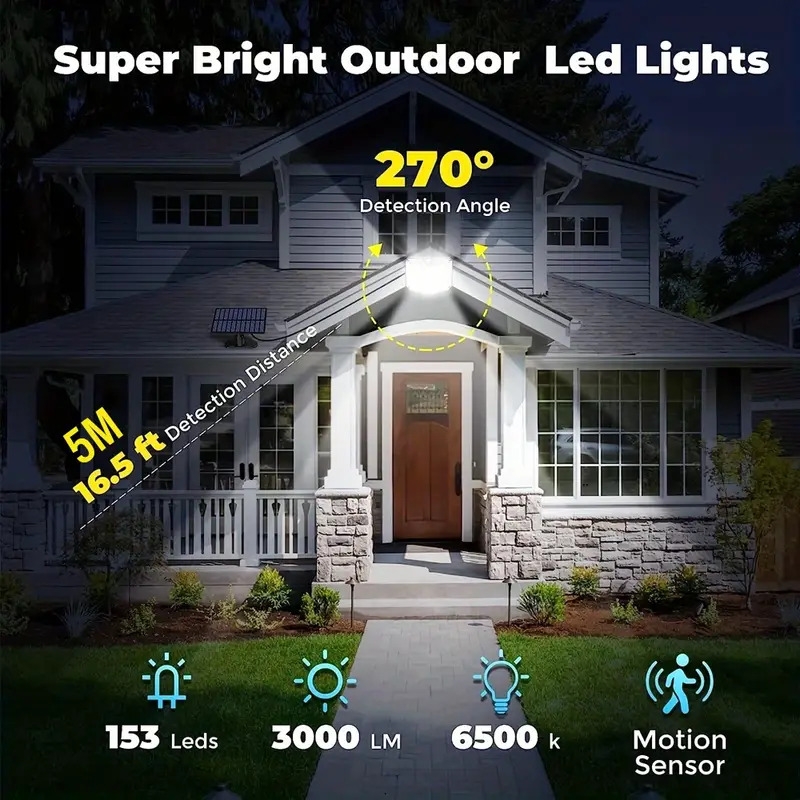 1pc solar floodlight standalone solar panel with 16 4 ft approx 5 m power cord 153 led 210 led 3000 lumen solar light adjustable angle ip65 waterproof ligth for porch patio garage camping details 4