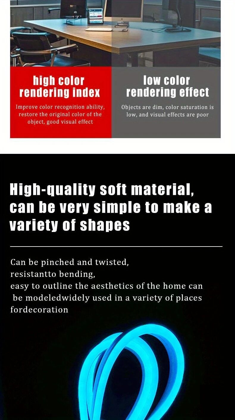 1条冰蓝色led霓虹灯带，39.37-196.85英寸usb供电，可弯曲管状设计配白色连接器——适用于卧室、客厅、玄关、走廊、室内外装饰，diy创意照明，按键开关控制，霓虹灯墙面装饰 详情 5