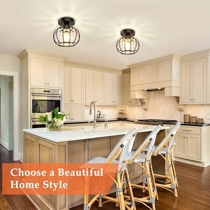 2 pack industrial style semi flush mount ceiling light fixtures black metal cage with crystal accents for living room hallway bathroom entryway kitchen elegant and functional lighting solution 6