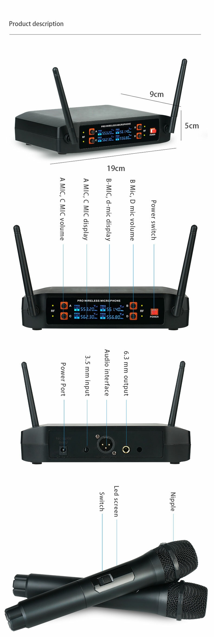 XTUGA XS4 Four Channels Vhf Handheld Karaoke  Wireless Microphone Receiver Board