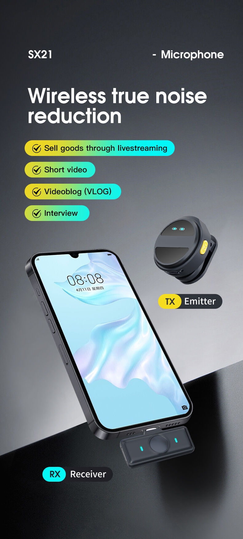 Original SX21 Magnetic Digital Mic Wireless Collar Lavalier Microphone for iphone Android Video Recording Interviewing YouTubers