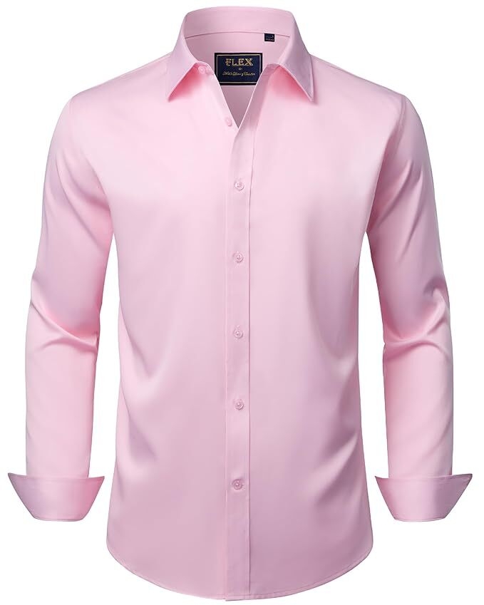 J.Ver Men's Dress Shirts Solid Long Sleeve Stretch Wrinkle-Free Formal Shirt Business Casual Button Down Shirts, Pink, X-Large Tall
