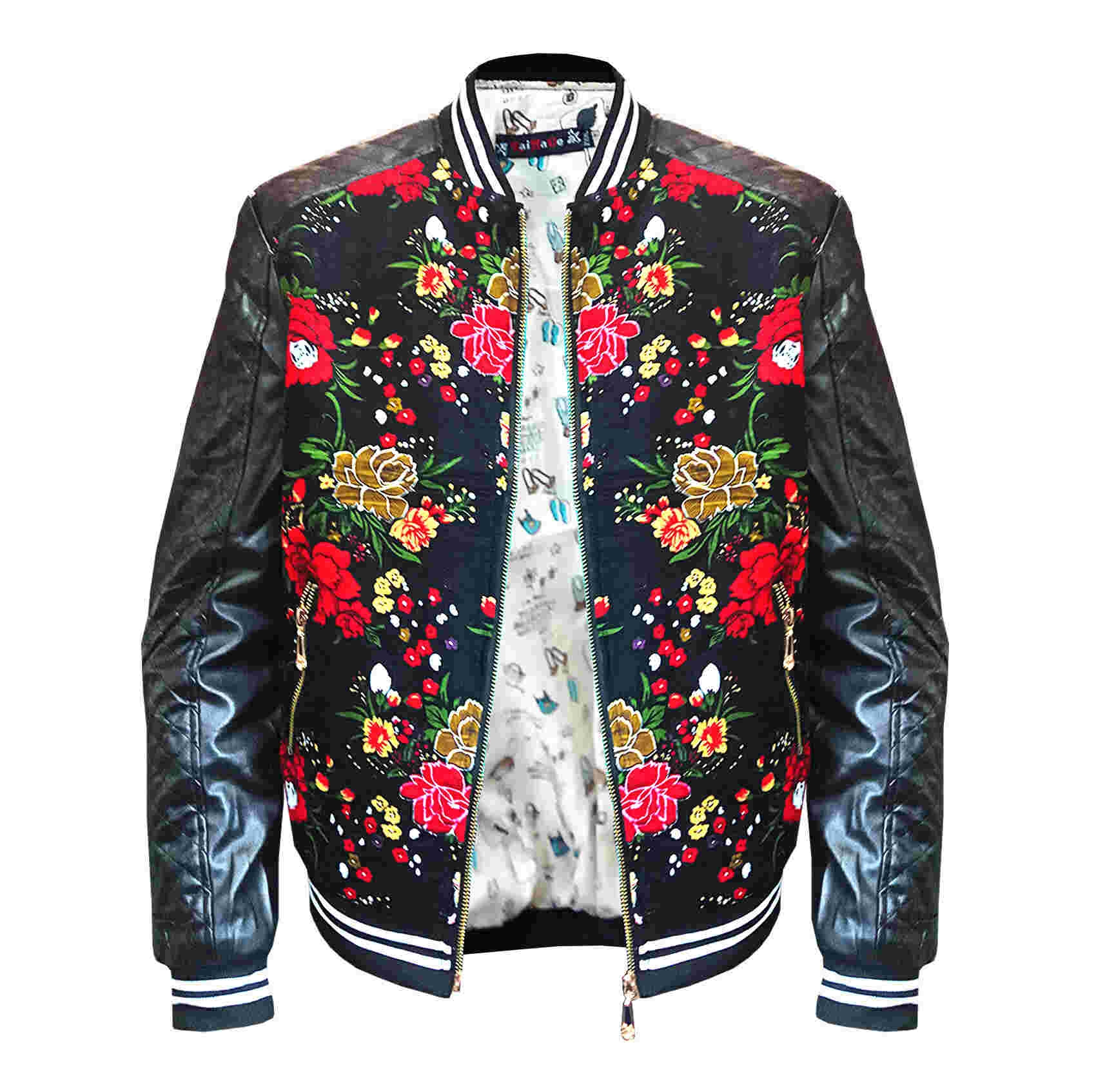 Shop Stylish Floral And Leather Arm Unisex Jacket - Multi-Coloured ...