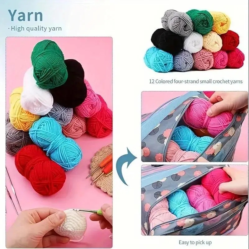 130 piece crochet kit with multicolor yarn fabric storage   season essentials for knitting crafting accessories   hooks scissors needles   markers more 4