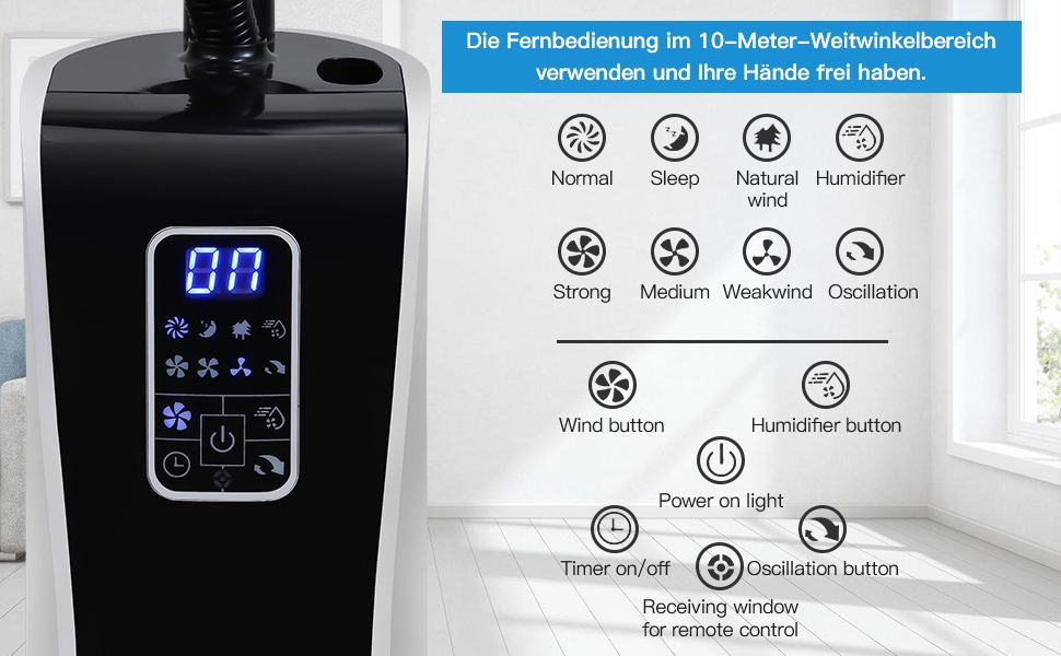 Zwart elektronisch apparaat met blauw LED-display en meerdere functieknoppen. Het bedieningspaneel toont verschillende modi, waaronder slaap, natuurlijke wind en oscillatie.