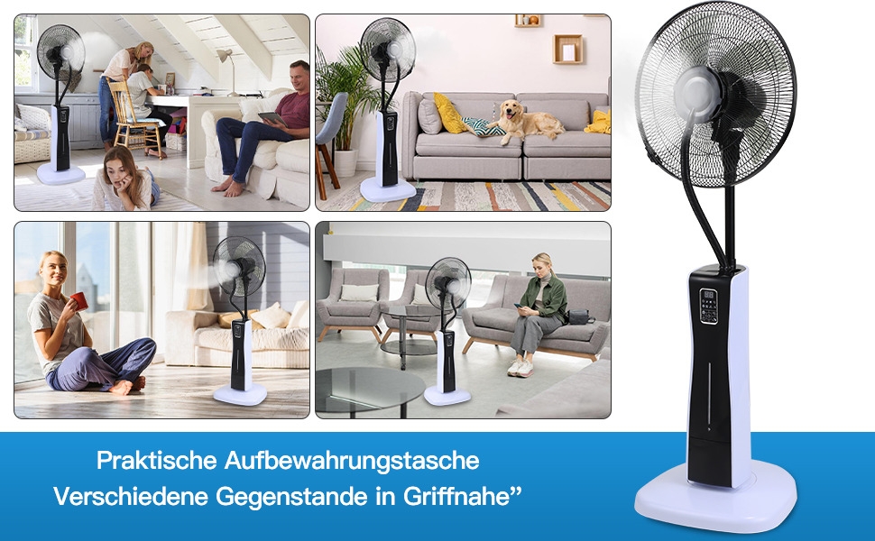 Ventilator op hoog voetstuk met afstandsbediening. Meerdere afbeeldingen tonen het in verschillende kameromgevingen, waarbij mensen in verschillende poses worden gekoeld.