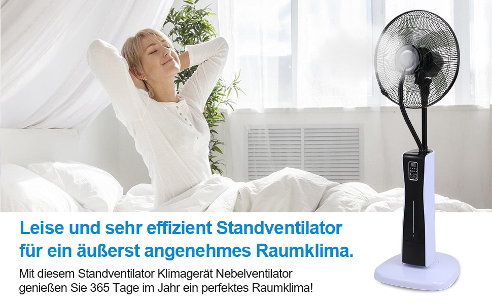 een vrouw zit in bed met een ventilator.
