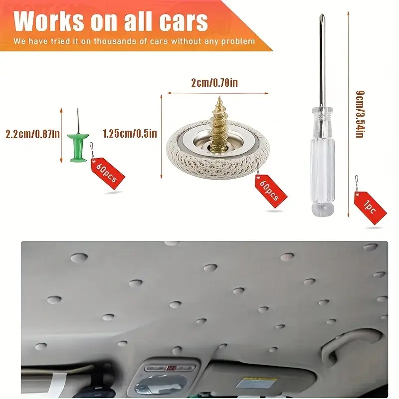 60pcs car roof headliner repair kit vehicle roof snap rivets retainer with installation tool auto interior ceiling cloth fixing repair button suitable for most cars truck suv uv car 3 colors for your choose 2