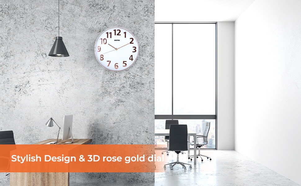 Geepas Wall Clock, 12inch Non-ticking Analog Wall Clock, 3D Rose Gold Dial, Modern Large Number