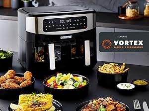 Geepas Vortex 9L Dual Basket Air Fryer Family-Sized 10-in-1 Digital Convection Air Fryer