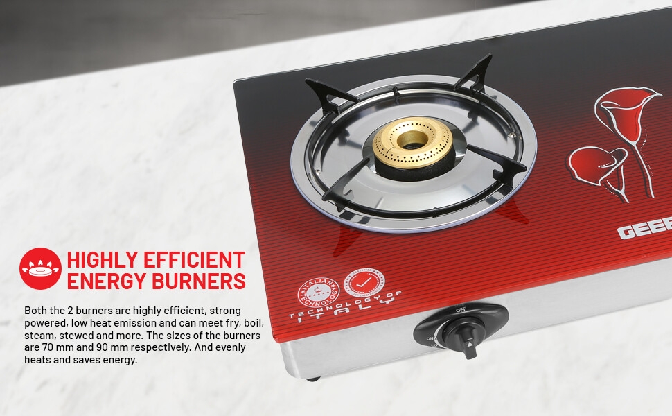 Geepas-Gas Cooker, 2 Burner Glass Top Gas Stove
