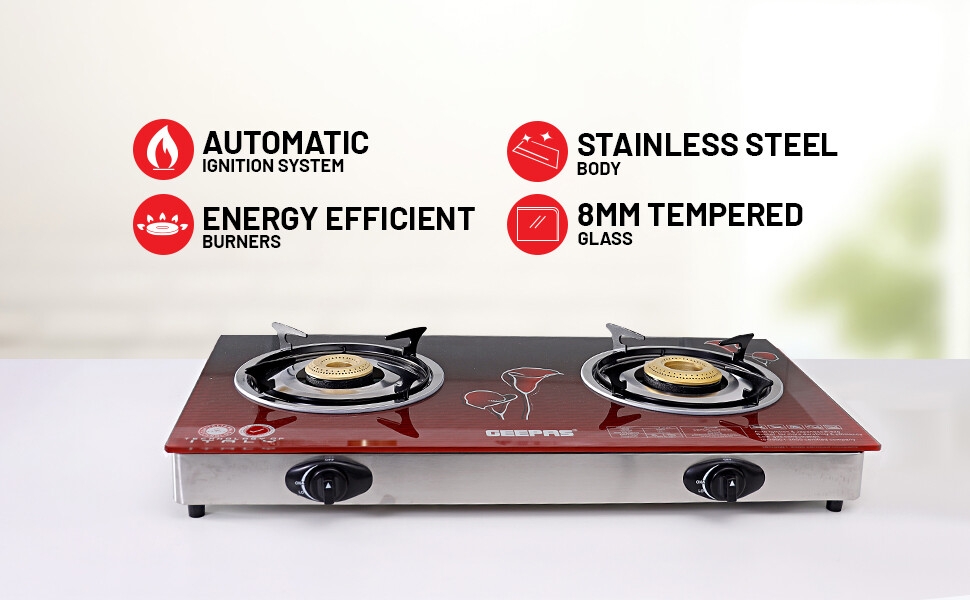 Geepas-Gas Cooker, 2 Burner Glass Top Gas Stove