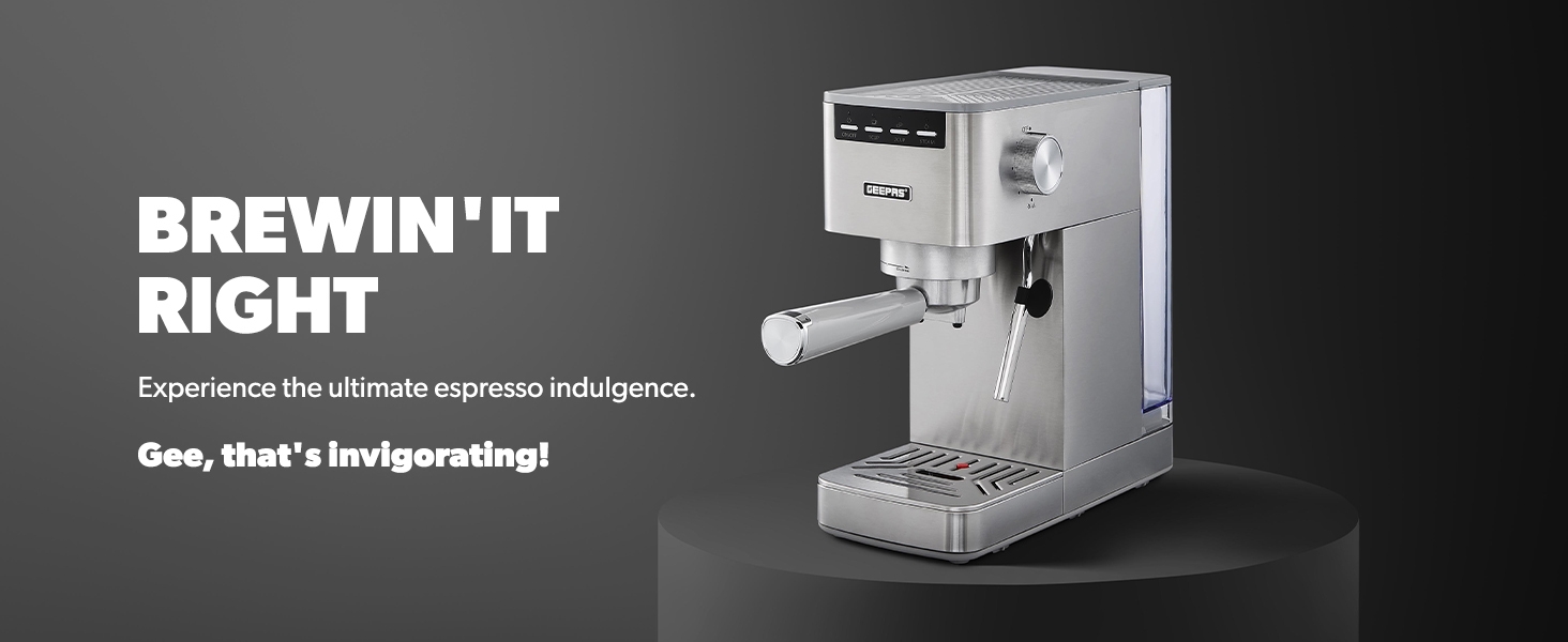 Stainless steel espresso machine with steam wand and portafilter, displayed against dark background. Text reads 'BREWIN' IT RIGHT' with coffee-related tagline.