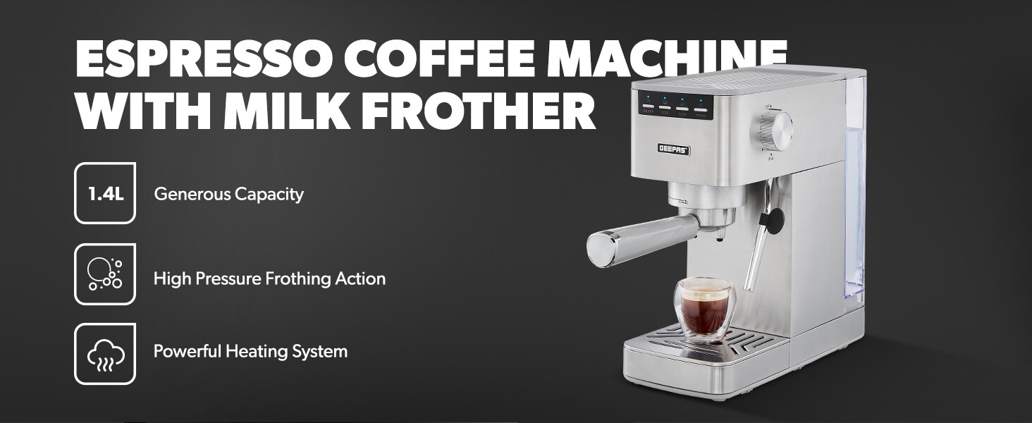 Espresso coffee machine with milk frother. Features include 1.4L capacity, high pressure frothing, and powerful heating system. White appliance with simple controls.