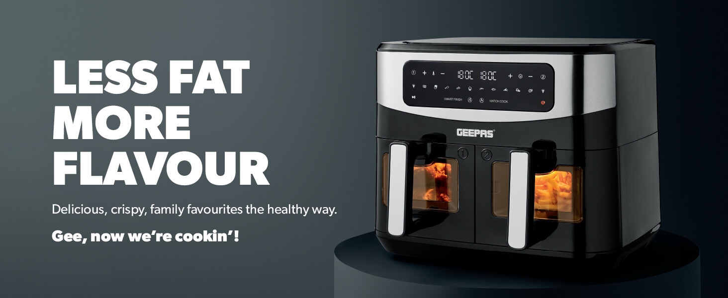 Geepas Vortex 9L Dual Basket Air Fryer Family-Sized 10-in-1 Digital Convection Air Fryer