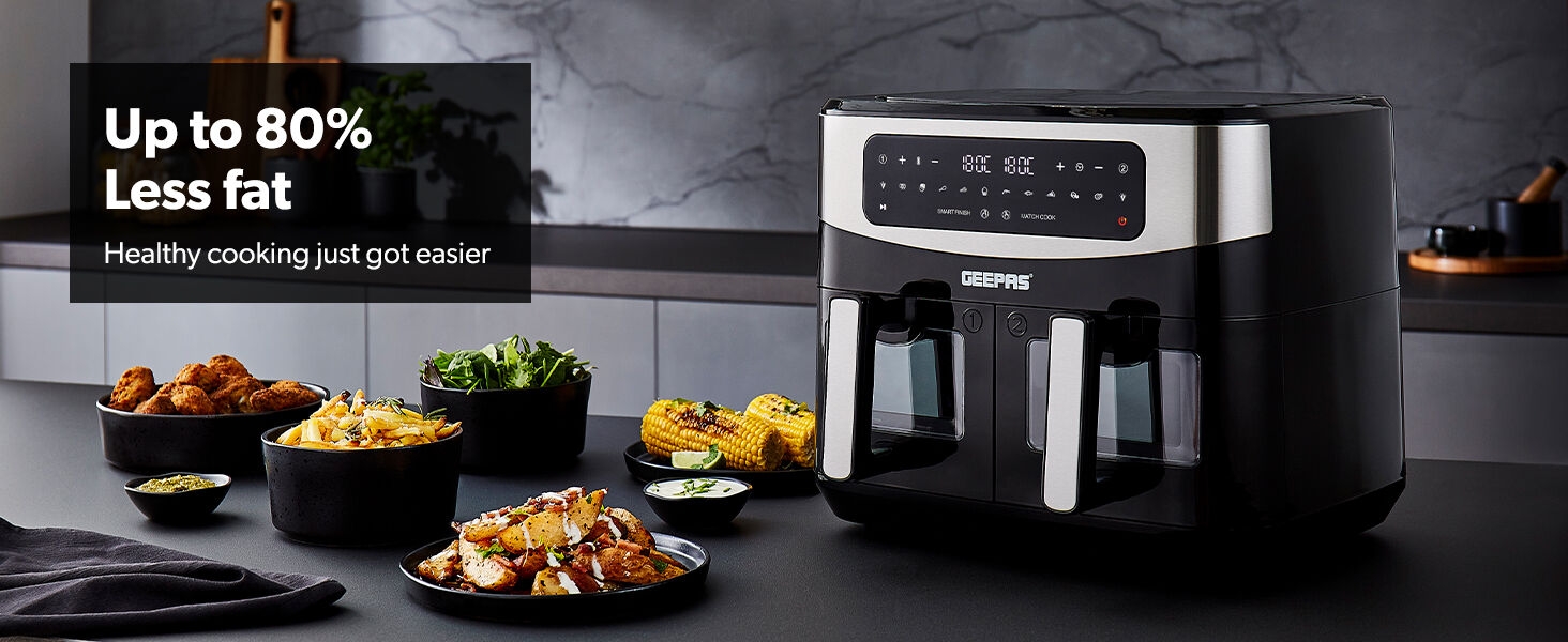 Geepas Vortex 9L Dual Basket Air Fryer Family-Sized 10-in-1 Digital Convection Air Fryer