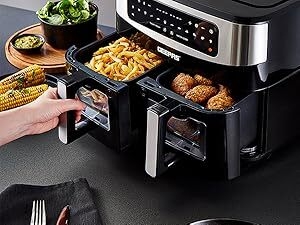 Geepas Vortex 9L Dual Basket Air Fryer Family-Sized 10-in-1 Digital Convection Air Fryer