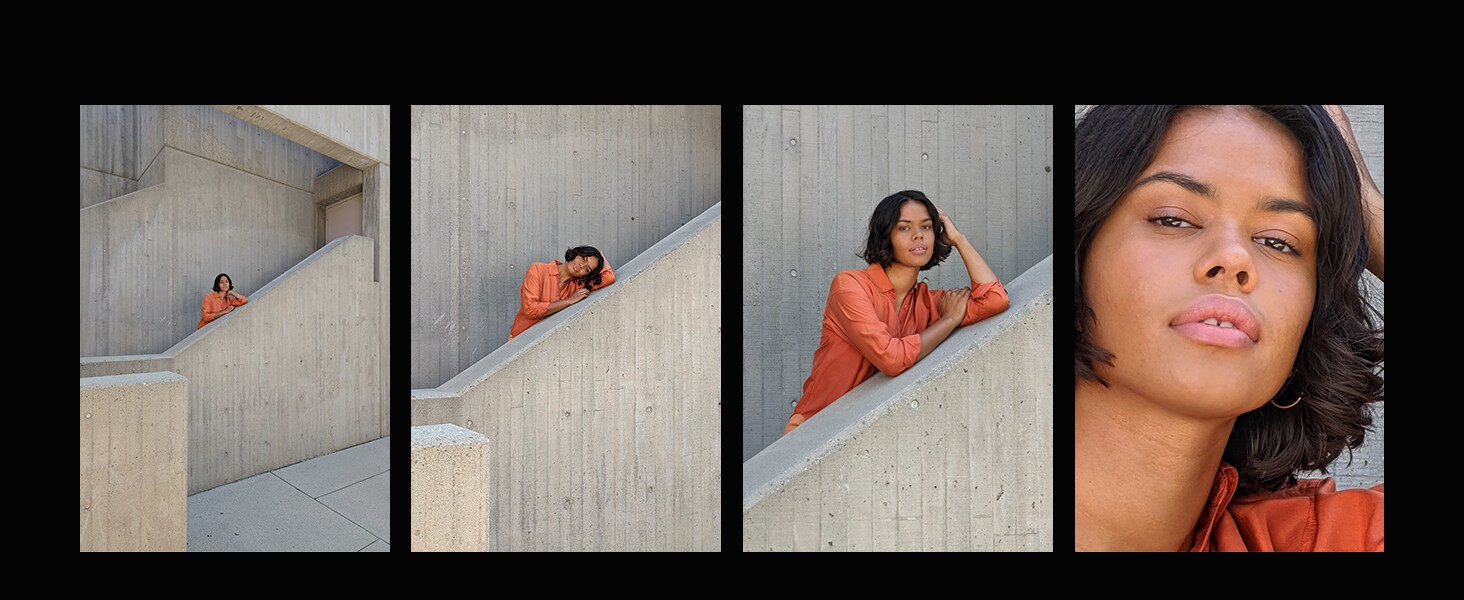 Multiple portraits of a woman at different levels of zoom