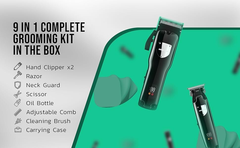 Text reads '9 IN 1 COMPLETE GROOMING KIT IN THE BOX' with listed items: 'Hand Clipper x2, Razor, Neck Brush, Scissor, Oil Bottle, Adjustable Comb, Cleaning Brush.' Black grooming tools shown.