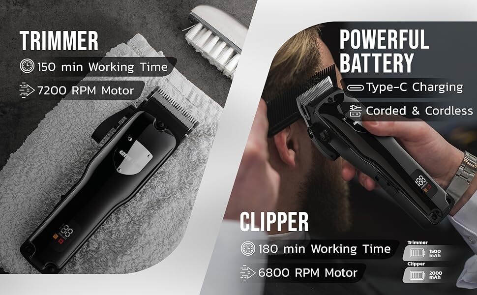 Text reads 'TRIMMER', 'CLIPPER', 'POWERFUL', 'BATTERY', '150 min working time', '7200 cuts/minute', '120 min working time', 'Type-C charging', '8000 RPM Motor'. Technical specifications diagram for grooming device.