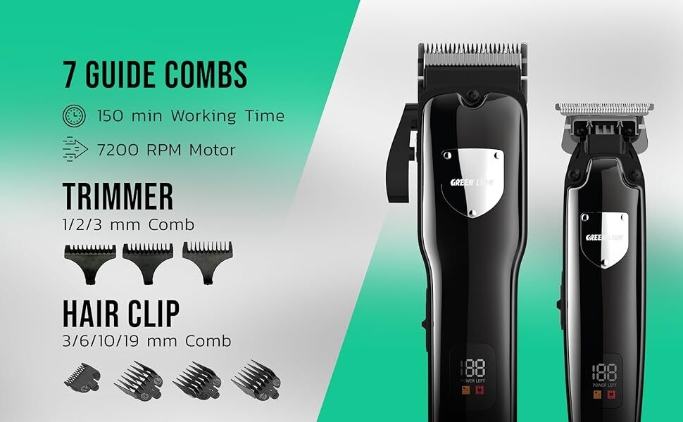 Text reads '7 GUIDE COMBS', 'HAIR CLIP', '90 min Working Time', 'TRIMMER'. Professional hair trimmer set with multiple attachment combs and accessories.