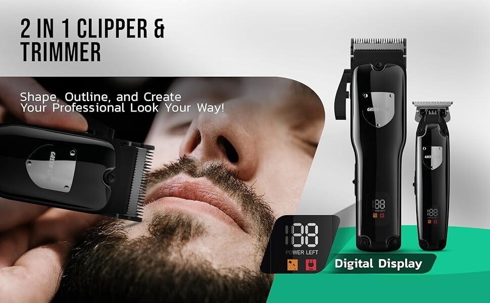 Text reads '2 IN 1 CLIPPER & TRIMMER' and 'Digital Display'. Professional grooming device shown with digital display screen.