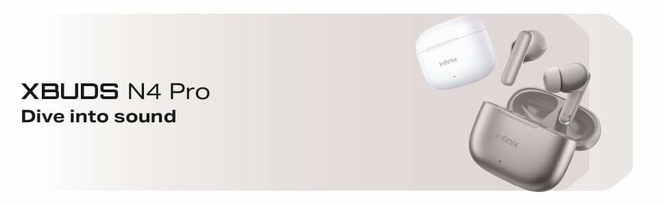 Text reads: 'XBUDS N4 Pro Dive into sound'. White wireless earbuds and charging case shown on light gray background.