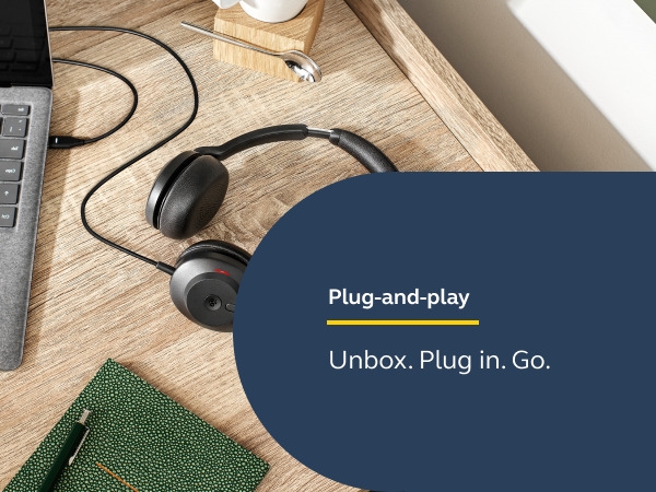 Jabra Evolve2, noise cancelling, USB connectivity, headset for PC and mobile devices.