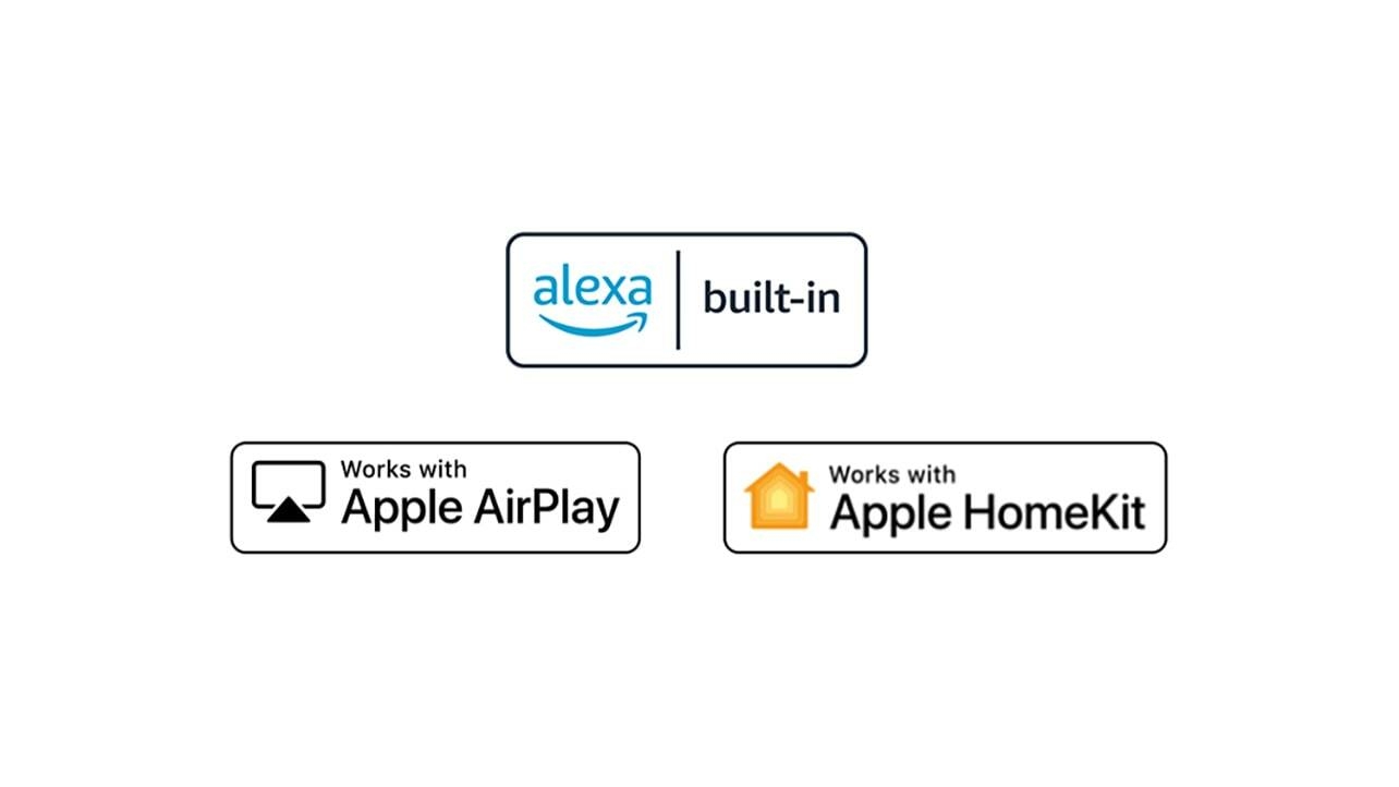 Details showing logos of  alexa, Apple Airplay, and Apple HomeKit in which ThinQ AI is compatible with.