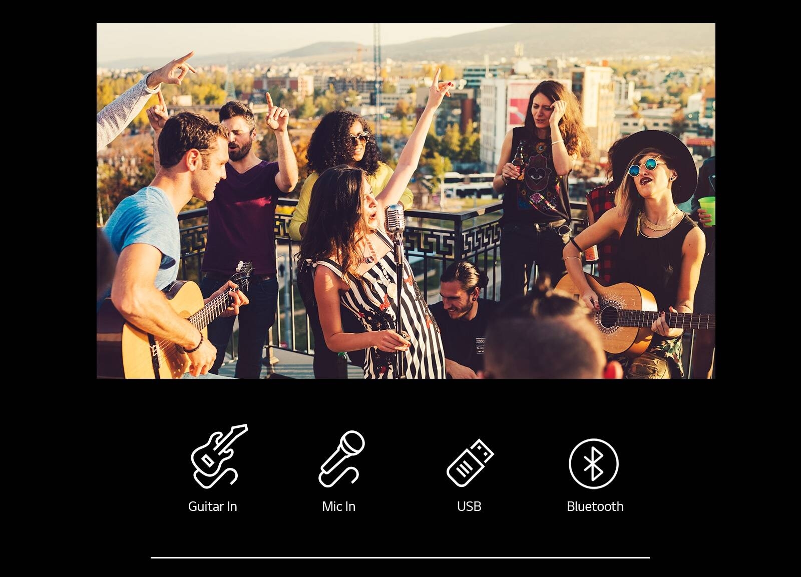 There are people enjoying acoustic concert with LG XBOOM XL5S. Below the image, there are guitar