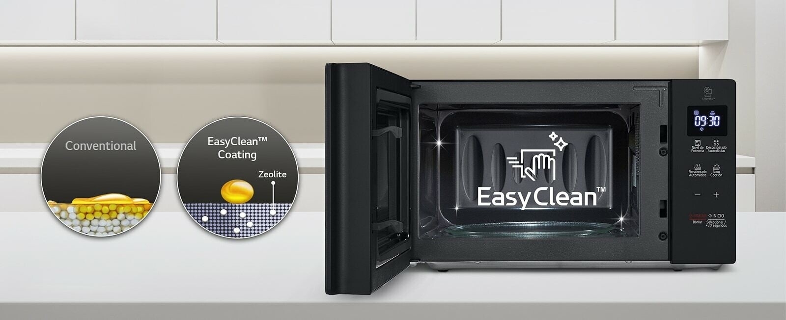 There is a microwave with an open door, and there is an explanation that is easy to clean inside.