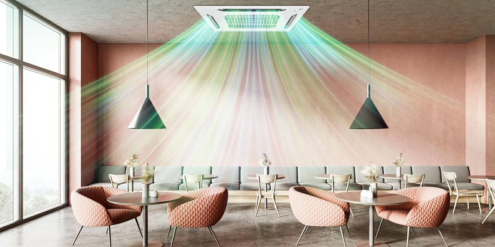 A Image of 4 way cassette installed on the ceiling of the cafe providing clean and cool air.