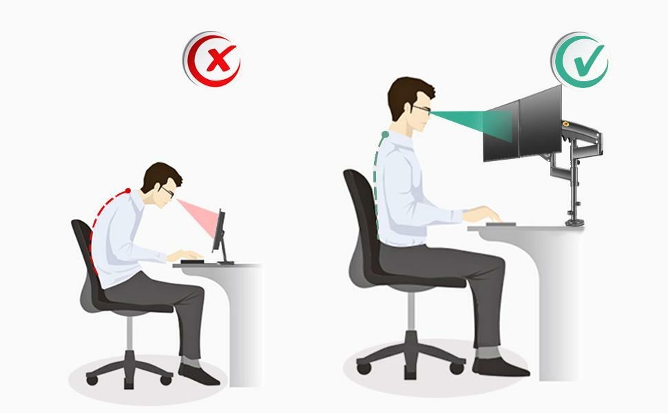 Illustration comparing incorrect and correct posture at a computer desk. Left shows hunched position, right shows ergonomic setup with elevated monitor and proper sitting position.