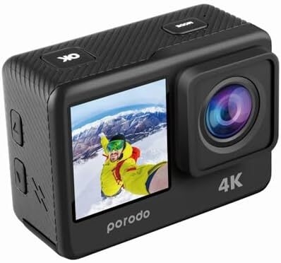 Porodo Lifestyle Waterproof Action Camera 900mAh, Waterproof Case Included, Multiple Shooting Modes, Dual Screen Display, 16MP HD Photos, Video/30fps Capture - Black