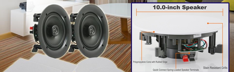 Pyle Pair 10” Flush Mount in-Wall in-Ceiling 2-Way Speaker System Spring Loaded Quick Connections Changeable Round/Square Grill Stereo Sound Polypropylene Cone Polymer Tweeter 300 Watts (PDIC16106) : Electronics
