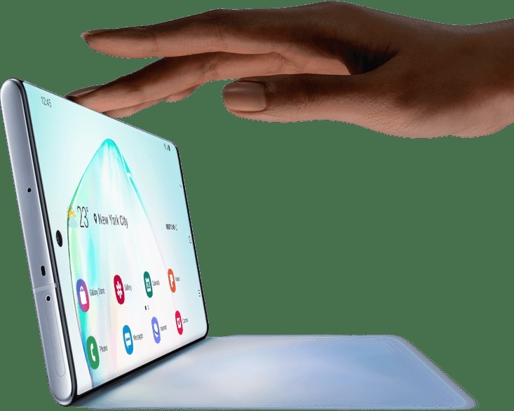 Galaxy Note10 plus seen in landscape mode with a shadow and a hand touching the top as if itâs a laptop