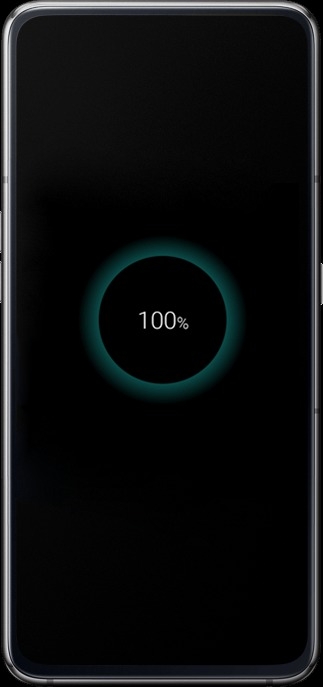 Galaxy A80 seen from the front connected to a charger with a charging icon at 100% on-screen.