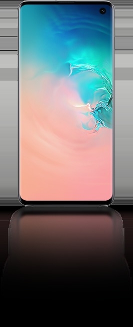Galaxy S10 seen from the front with an abstract coral and blue gradient graphic onscreen.