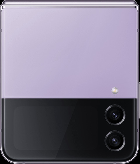 The Front Cover of a Galaxy Z Flip4 on its side with a person taking a selfie shown in the vertical Cover Screen. The phone is rotated and the photo rotates accordingly and shows its original aspect ratio on the now horizontal Cover Screen.