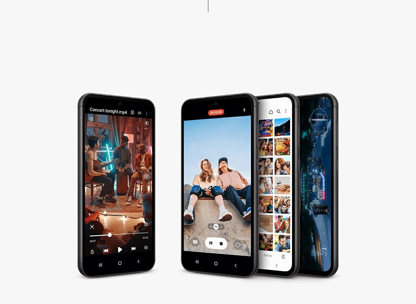 Four Galaxy S23 FE devices standing upright showing their front. All of them have their screens …