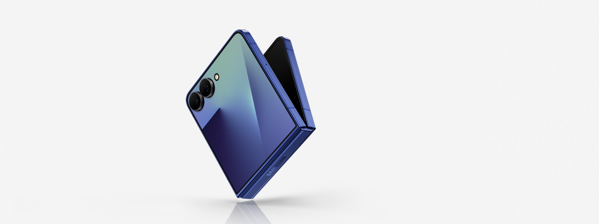 A Dark Blue Galaxy Z Flip7 is seen from the side with the outer display slightly open. Galaxy AI.