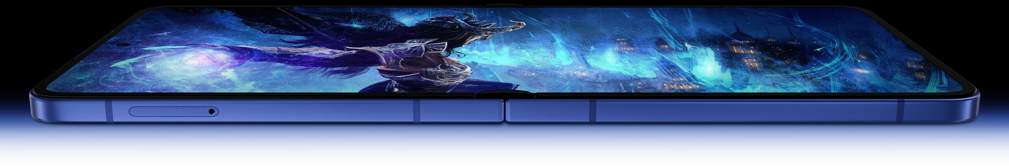 An unfolded Galaxy Z Flip7 is seen horizontally with a game scene on the main screen. Color is enhanced by Vision Booster.