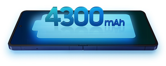 The Galaxy Z Flip7 is seen unfolded from the home screen with a battery icon at the top. The battery capacity is 4300 milliampere hours.