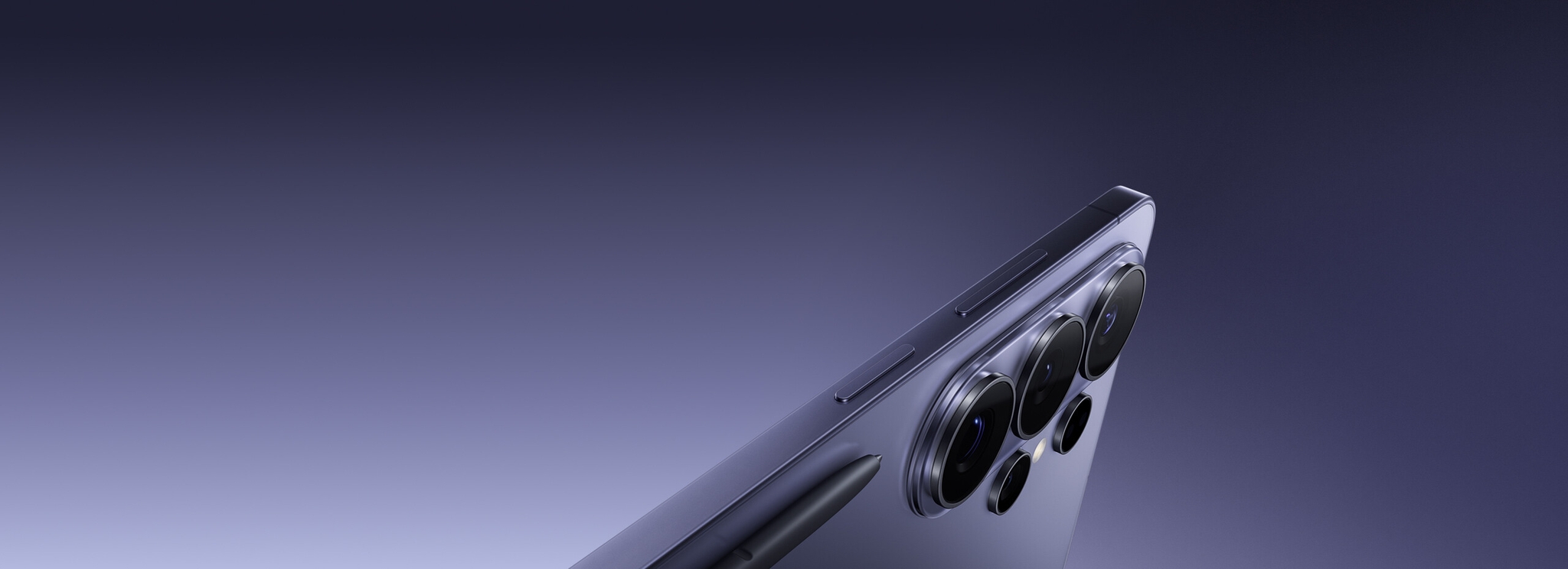 Close up of the corner of Galaxy S26 Ultra in Cobalt Violet showing camera lenses is seen. S Pen is seen in front of the device. Galaxy AI.