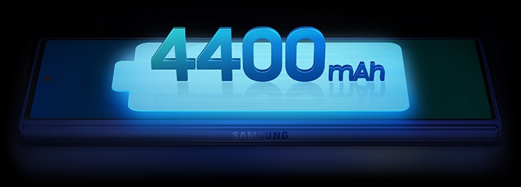 Galaxy Z Fold7 is seen folded from the cover screen with a battery icon on top. The battery size is 4400 milliampere hours.