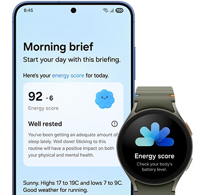 Galaxy S25 plus is seen from main screen. Now Brief is active. The Morning brief shows today's Energy Score which has also been synced to Galaxy Watch.